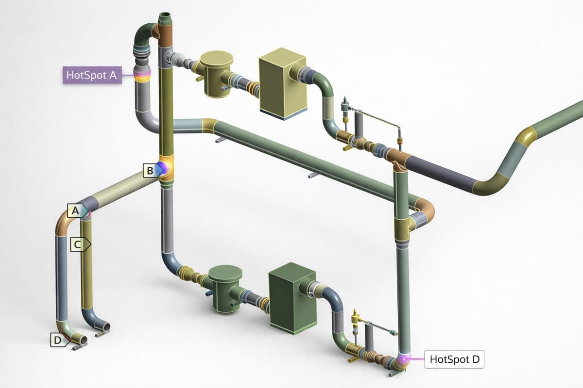 Offshore piping system with stress analysis hotspots